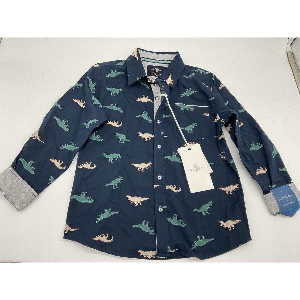 Craft + Flow Shirt Boys Medium Dinosaur Print Long Sleeve Button Up Kids Size 5